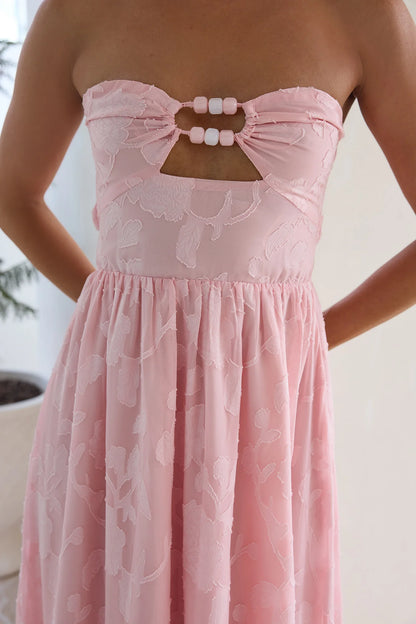 Elegant Strapless Backless Cutout Floral Jacquard Flowy A Line Maxi Prom Dress For Wedding Guest Bridal Shower Formal Evening