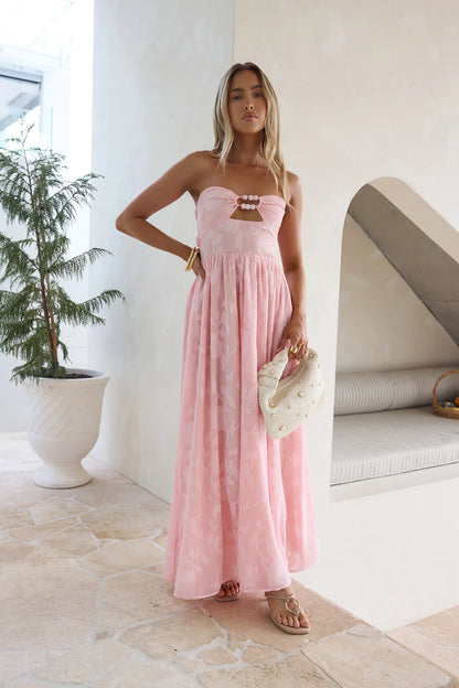 Elegant Strapless Backless Cutout Floral Jacquard Flowy A Line Maxi Prom Dress For Wedding Guest Bridal Shower Formal Evening