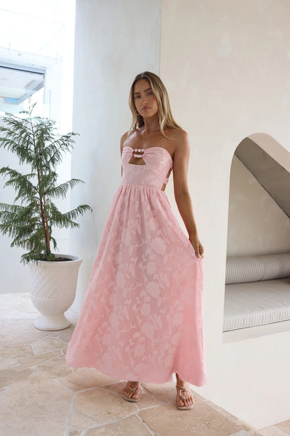 Elegant Strapless Backless Cutout Floral Jacquard Flowy A Line Maxi Prom Dress For Wedding Guest Bridal Shower Formal Evening