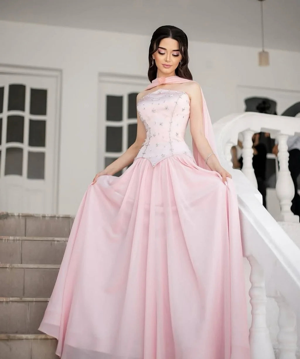 Elegant Strapless Beaded Bodice Chiffon A Line Maxi Prom Dress With Scarf For Formal Evening Wedding