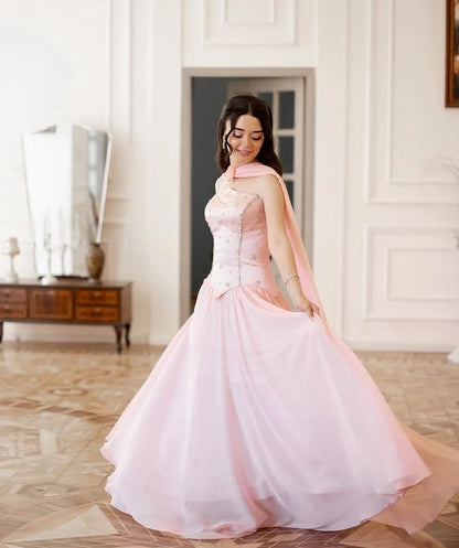 Elegant Strapless Beaded Bodice Chiffon A Line Maxi Prom Dress With Scarf For Formal Evening Wedding