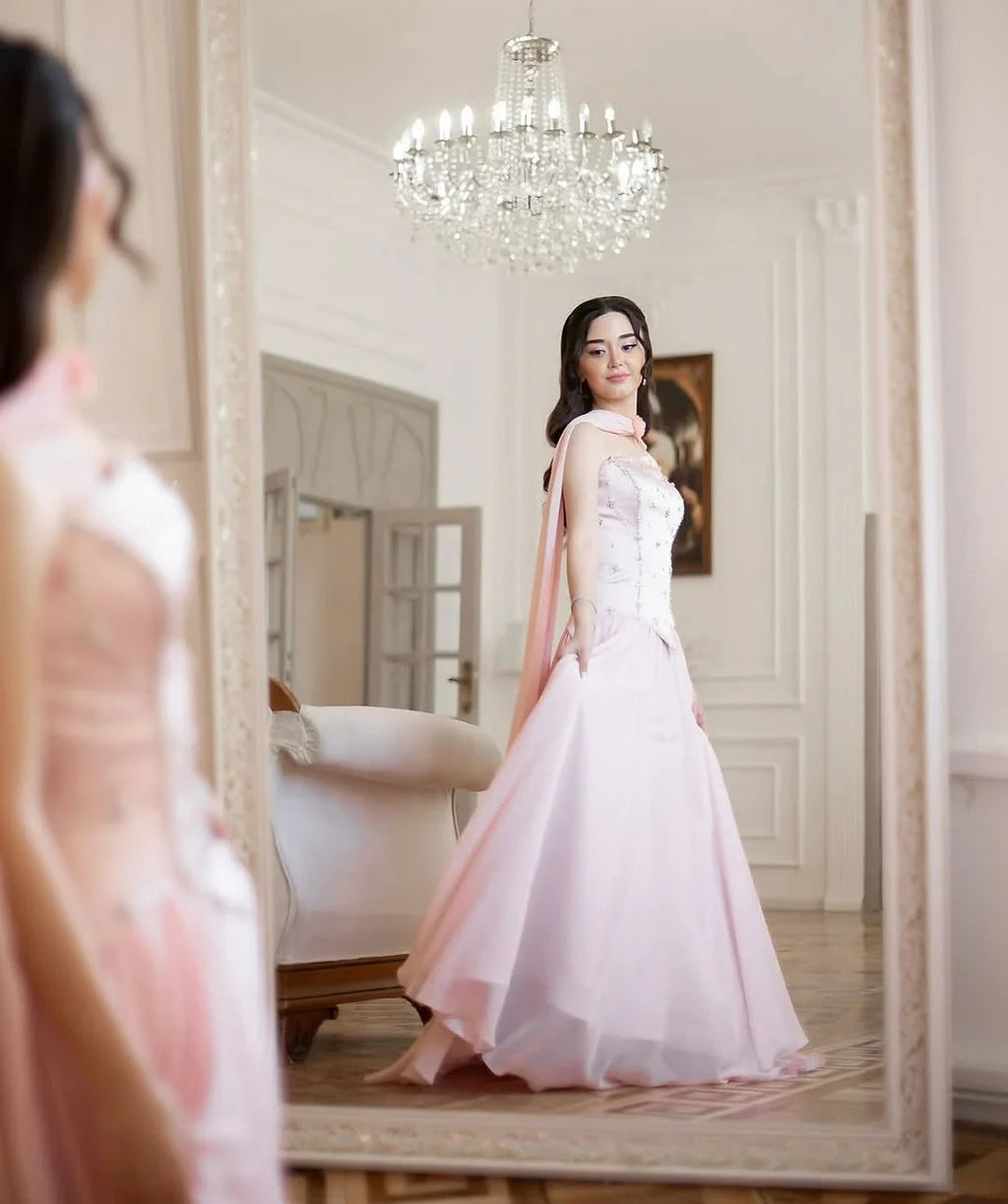 Elegant Strapless Beaded Bodice Chiffon A Line Maxi Prom Dress With Scarf For Formal Evening Wedding