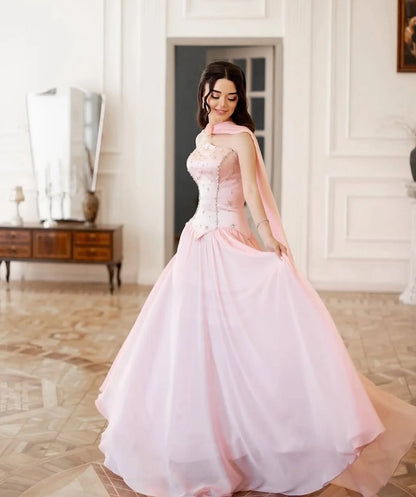 Elegant Strapless Beaded Bodice Chiffon A Line Maxi Prom Dress With Scarf For Formal Evening Wedding