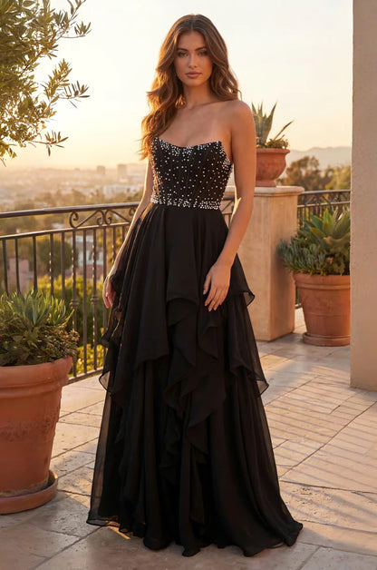 Elegant Strapless Beaded Bodice Ruffle Chiffon A Line Maxi Prom Dress For Formal Evening Gala Wedding