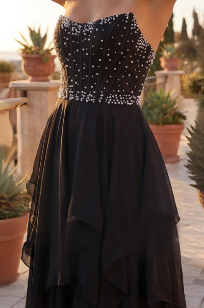 Elegant Strapless Beaded Bodice Ruffle Chiffon A Line Maxi Prom Dress For Formal Evening Gala Wedding