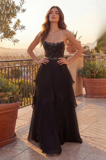 Elegant Strapless Beaded Bodice Ruffle Chiffon A Line Maxi Prom Dress For Formal Evening Gala Wedding
