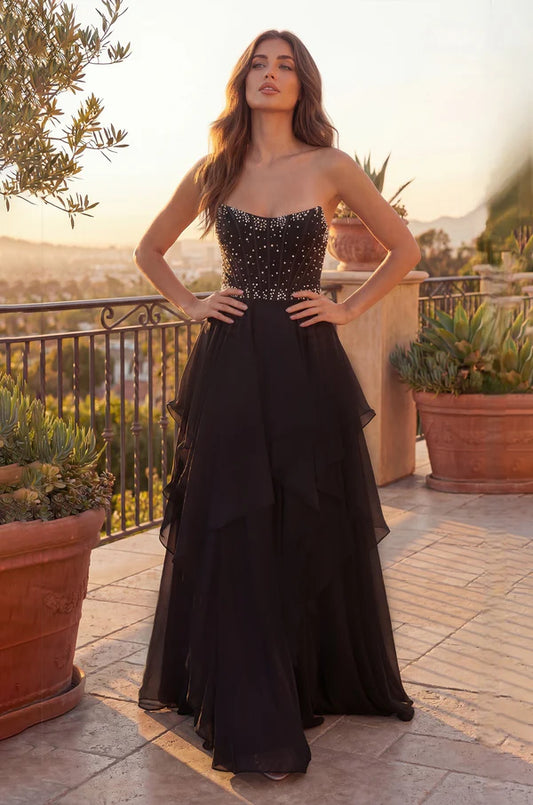 Elegant Strapless Beaded Bodice Ruffle Chiffon A Line Maxi Prom Dress For Formal Evening Gala Wedding