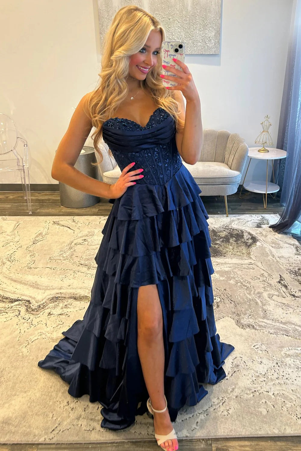 Elegant Strapless Beaded Corset Tiered Ruffled Satin Prom Dress with Lace Up Back and High Slit