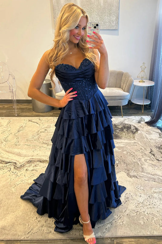 Elegant Strapless Beaded Corset Tiered Ruffled Satin Prom Dress with Lace Up Back and High Slit