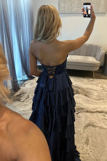 Elegant Strapless Beaded Corset Tiered Ruffled Satin Prom Dress with Lace Up Back and High Slit