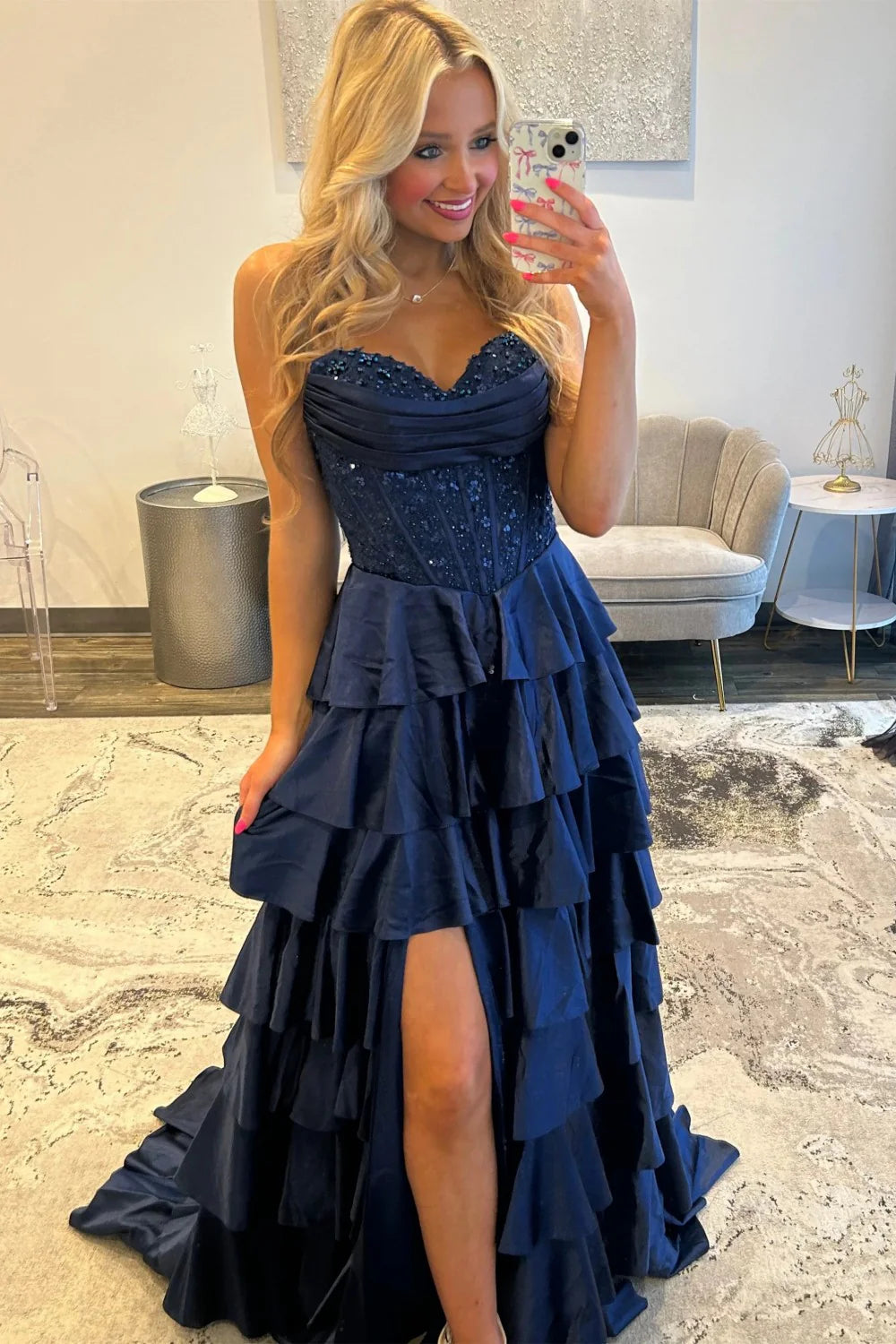 Elegant Strapless Beaded Corset Tiered Ruffled Satin Prom Dress with Lace Up Back and High Slit
