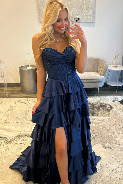 Elegant Strapless Beaded Corset Tiered Ruffled Satin Prom Dress with Lace Up Back and High Slit