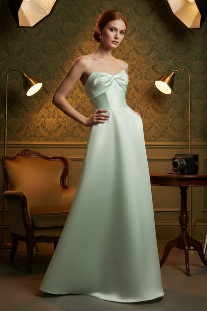Elegant Strapless Bow Detail Satin A Line Maxi Prom Dress With Pockets For Formal Evening Wedding Guest