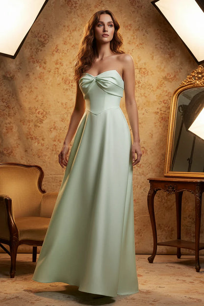 Elegant Strapless Bow Detail Satin A Line Maxi Prom Dress With Pockets For Formal Evening Wedding Guest