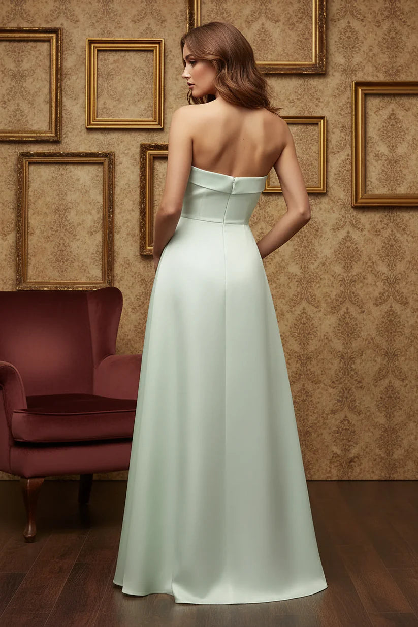 Elegant Strapless Bow Detail Satin A Line Maxi Prom Dress With Pockets For Formal Evening Wedding Guest