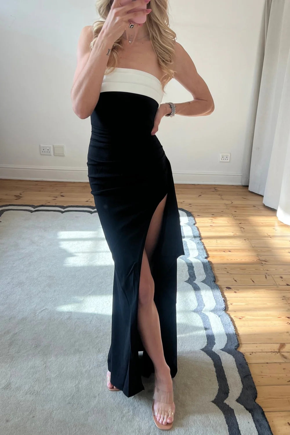 Elegant Strapless Color Block Ruched High Slit Backless Maxi Prom Dress