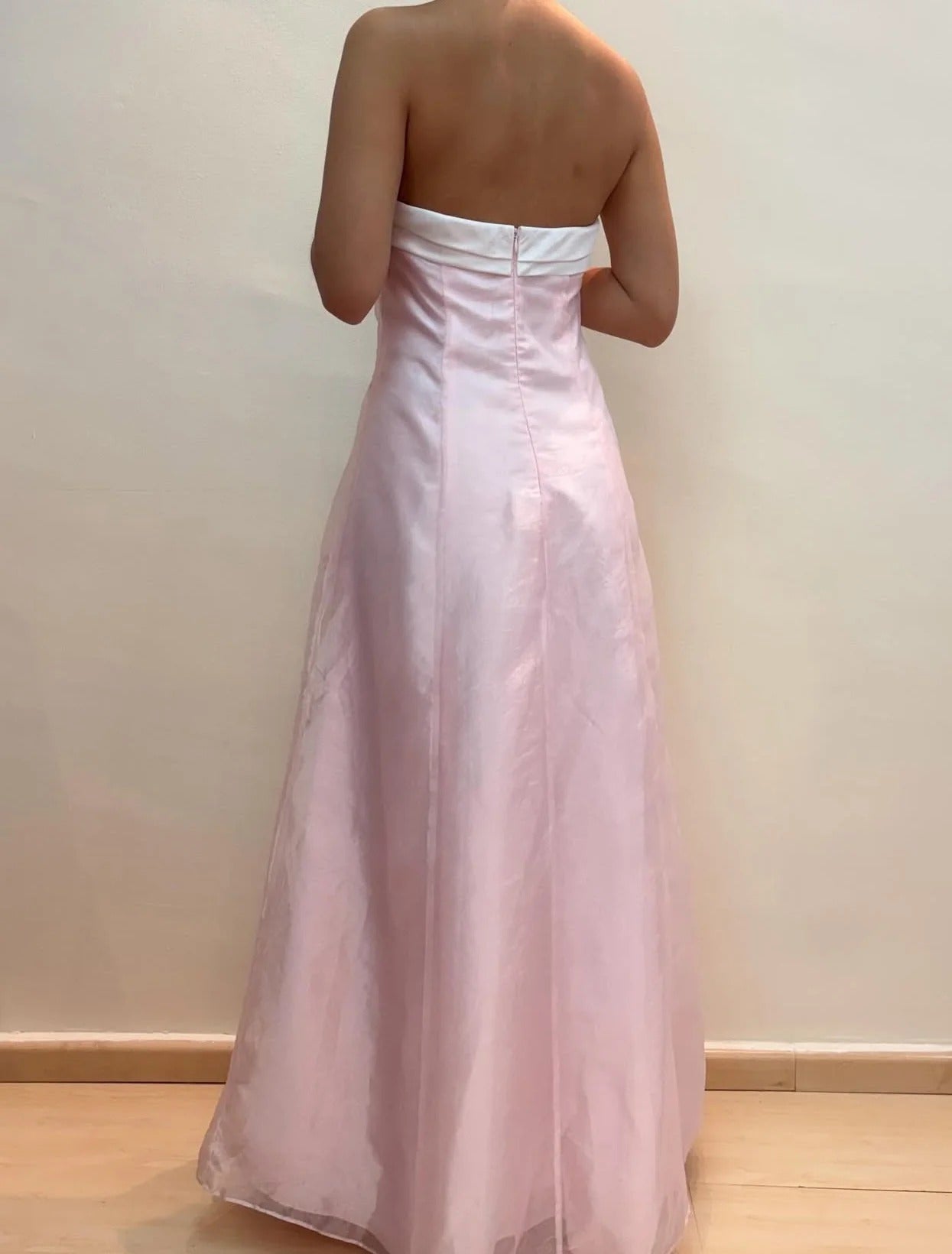 Elegant Strapless Contrast Trim Floral Embroidered Organza Maxi Prom Dress