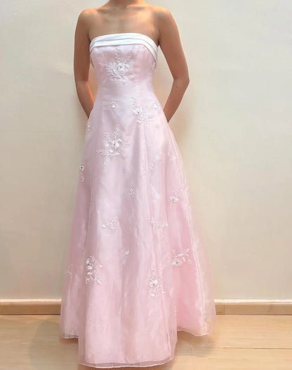 Elegant Strapless Contrast Trim Floral Embroidered Organza Maxi Prom Dress