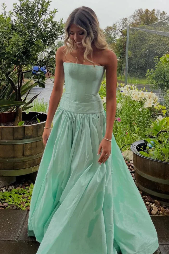 Elegant Strapless Corset Bodice A Line Maxi Prom Dress For Formal Evening Wedding Guest