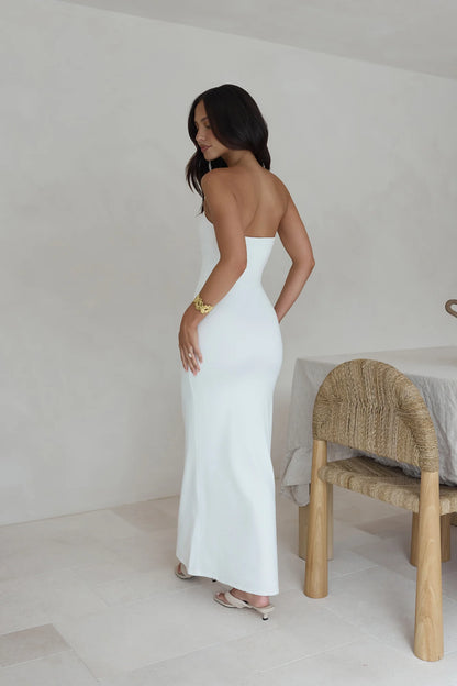 Elegant Strapless Cutout Metal Flower Embellished Bodycon Maxi Prom Dress For Wedding Guest Bridal Shower Formal Evening