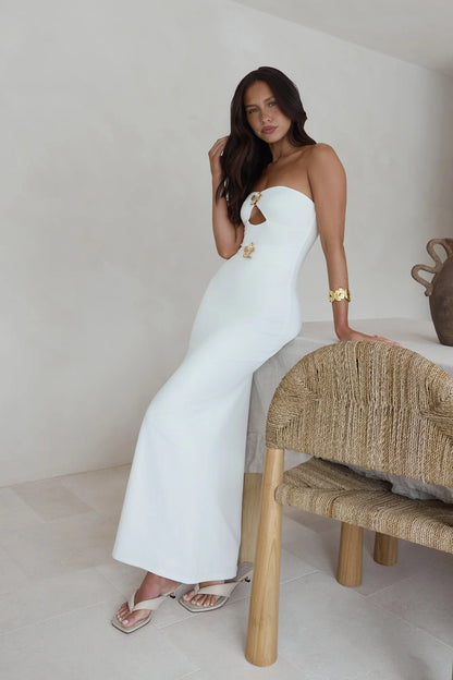 Elegant Strapless Cutout Metal Flower Embellished Bodycon Maxi Prom Dress For Wedding Guest Bridal Shower Formal Evening