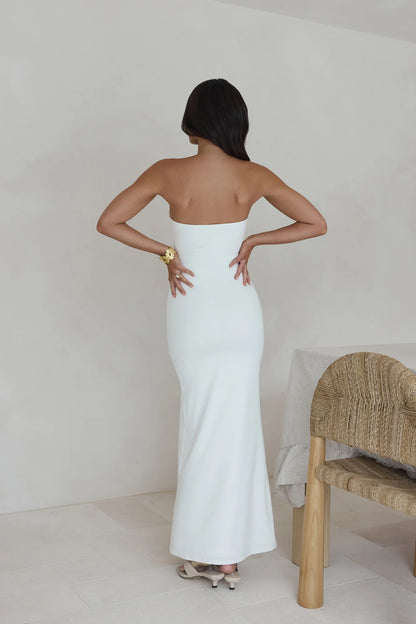 Elegant Strapless Cutout Metal Flower Embellished Bodycon Maxi Prom Dress For Wedding Guest Bridal Shower Formal Evening