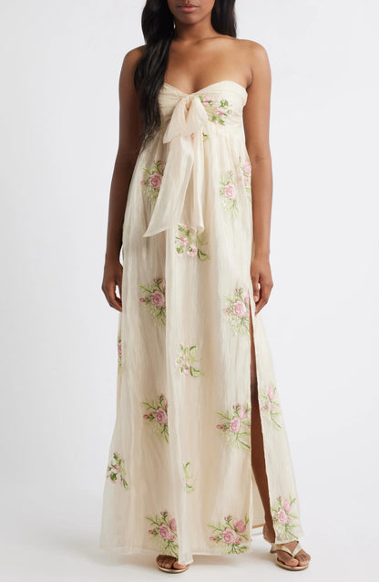 Elegant Strapless Floral Embroidered Bow Detail Chiffon Maxi Prom Dress With High Slit For Formal Evening Wedding Guest