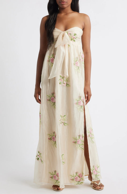 Elegant Strapless Floral Embroidered Bow Detail Chiffon Maxi Prom Dress With High Slit For Formal Evening Wedding Guest