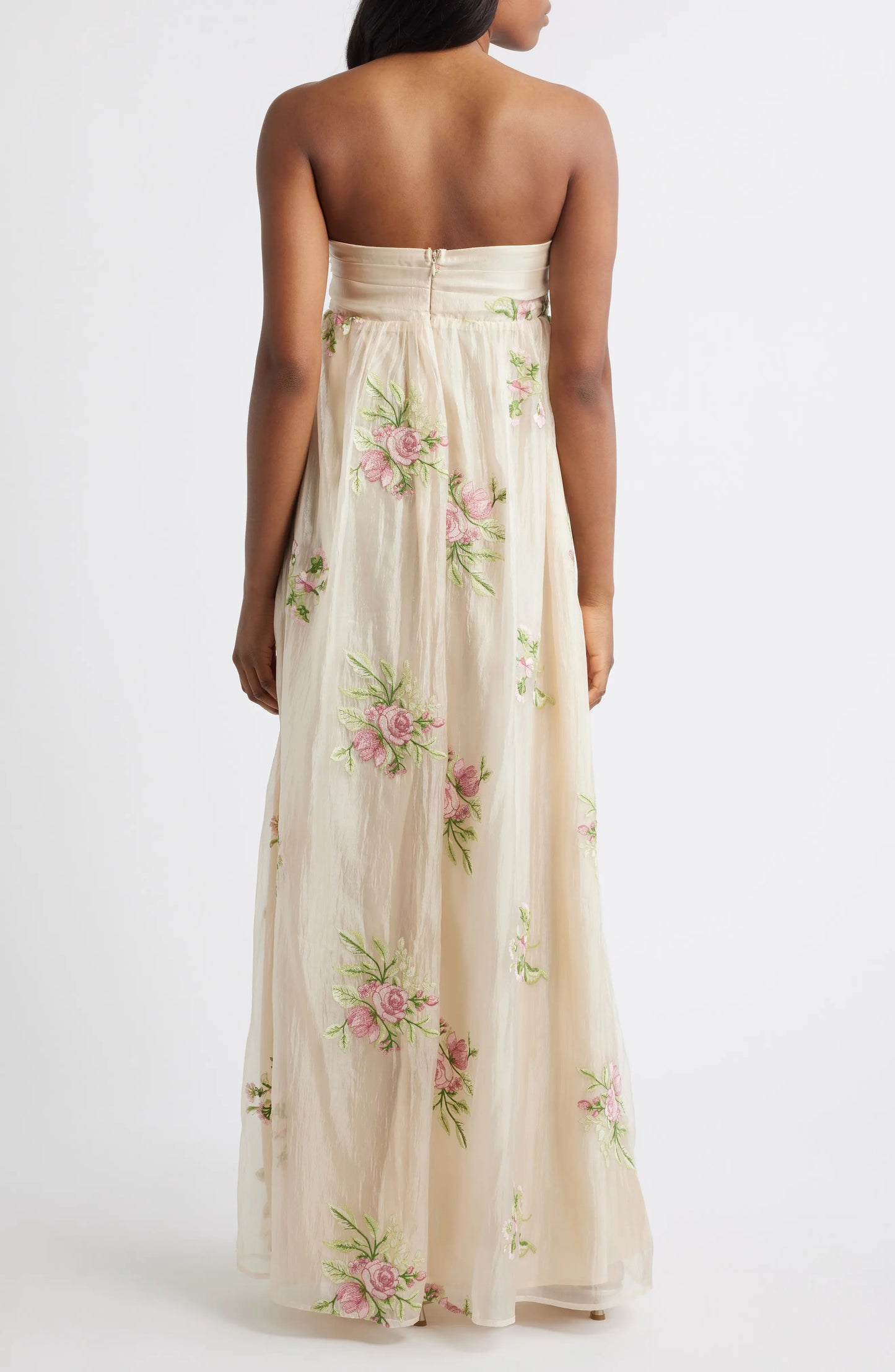 Elegant Strapless Floral Embroidered Bow Detail Chiffon Maxi Prom Dress With High Slit For Formal Evening Wedding Guest