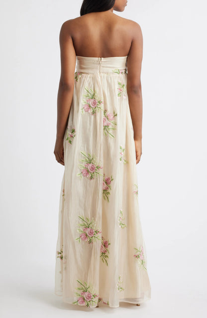 Elegant Strapless Floral Embroidered Bow Detail Chiffon Maxi Prom Dress With High Slit For Formal Evening Wedding Guest