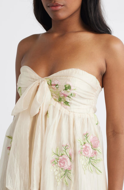 Elegant Strapless Floral Embroidered Bow Detail Chiffon Maxi Prom Dress With High Slit For Formal Evening Wedding Guest