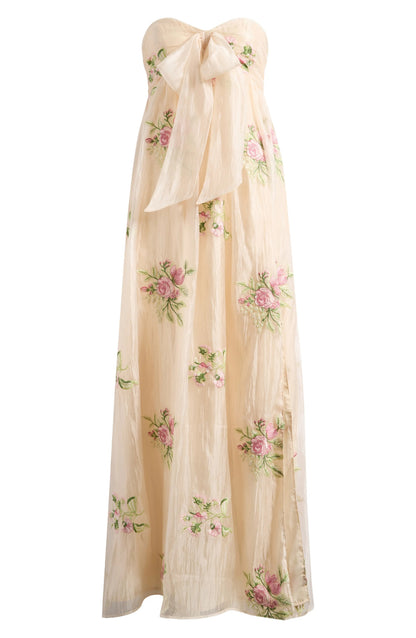Elegant Strapless Floral Embroidered Bow Detail Chiffon Maxi Prom Dress With High Slit For Formal Evening Wedding Guest