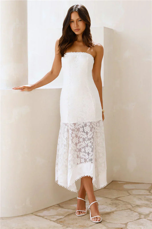 Elegant Strapless Floral Lace Asymmetrical Hem Midi Prom Dress For Formal Evening Wedding Guest Bridesmaid Cocktail Party