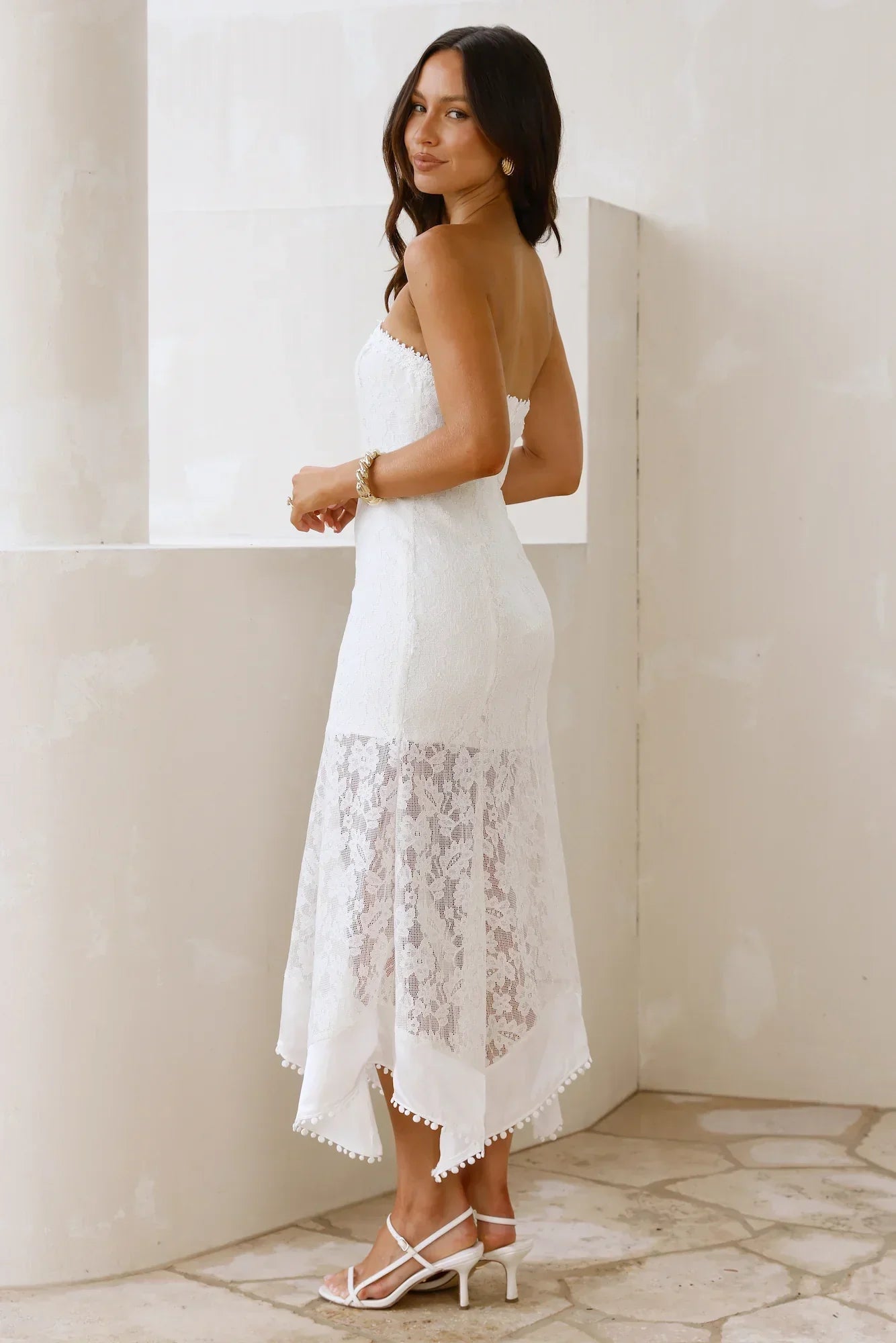 Elegant Strapless Floral Lace Asymmetrical Hem Midi Prom Dress For Formal Evening Wedding Guest Bridesmaid Cocktail Party