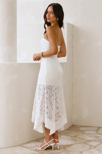 Elegant Strapless Floral Lace Asymmetrical Hem Midi Prom Dress For Formal Evening Wedding Guest Bridesmaid Cocktail Party