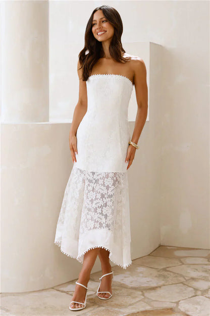Elegant Strapless Floral Lace Asymmetrical Hem Midi Prom Dress For Formal Evening Wedding Guest Bridesmaid Cocktail Party