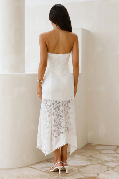 Elegant Strapless Floral Lace Asymmetrical Hem Midi Prom Dress For Formal Evening Wedding Guest Bridesmaid Cocktail Party
