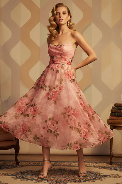Elegant Strapless Floral Print Ruched Bodice A Line Midi Prom Dress For Formal Evening Wedding Guest
