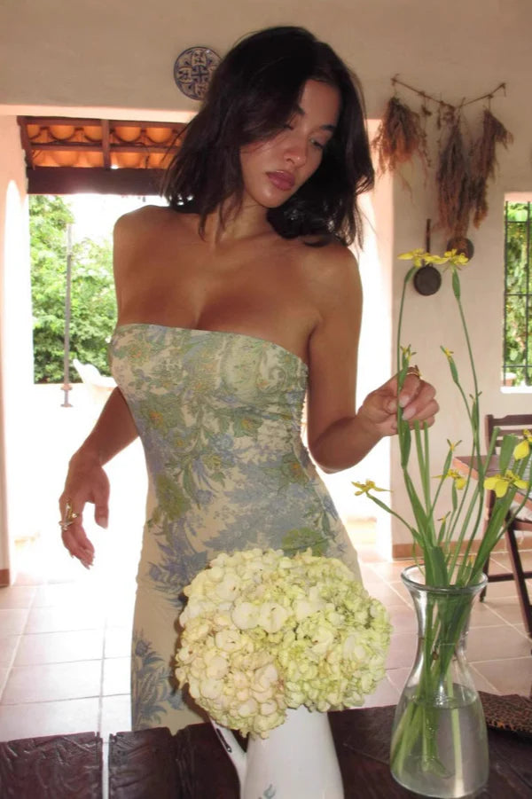 Elegant Strapless Floral Print Ruched Bodycon Maxi Prom Dress With Split Ruffle Hem For Wedding Guest Bridal Shower Formal Evening