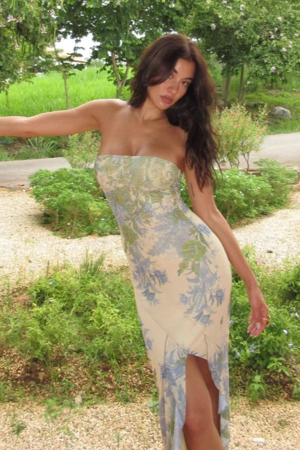 Elegant Strapless Floral Print Ruched Bodycon Maxi Prom Dress With Split Ruffle Hem For Wedding Guest Bridal Shower Formal Evening