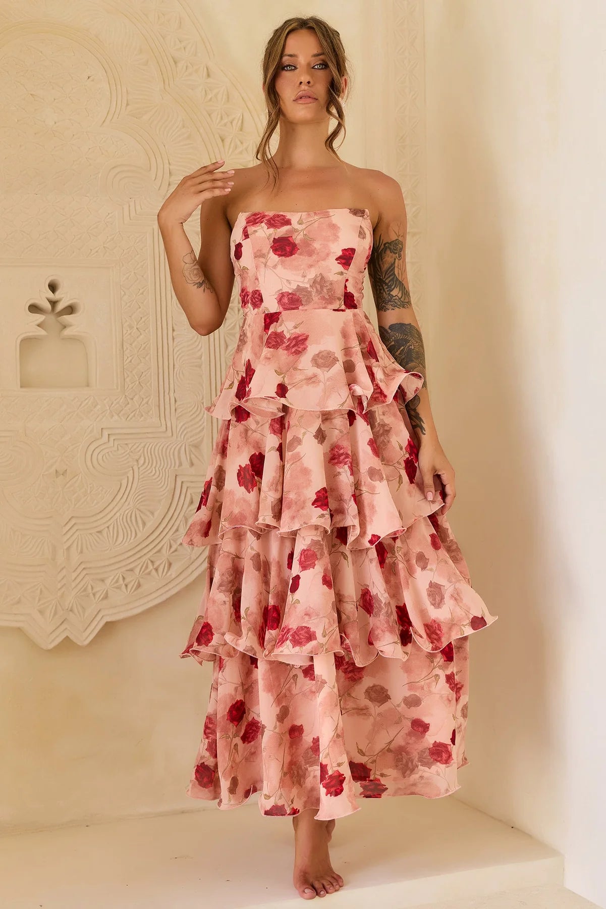 Elegant Strapless Floral Print Ruffle Tiered A Line Maxi Prom Dress For Formal Evening Gala Wedding Guest Bridesmaid