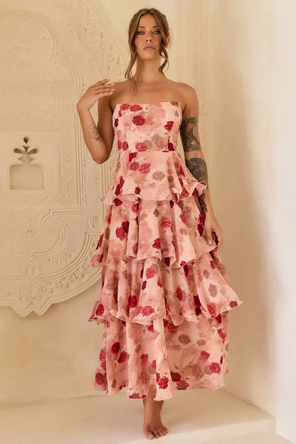 Elegant Strapless Floral Print Ruffle Tiered A Line Maxi Prom Dress For Formal Evening Gala Wedding Guest Bridesmaid