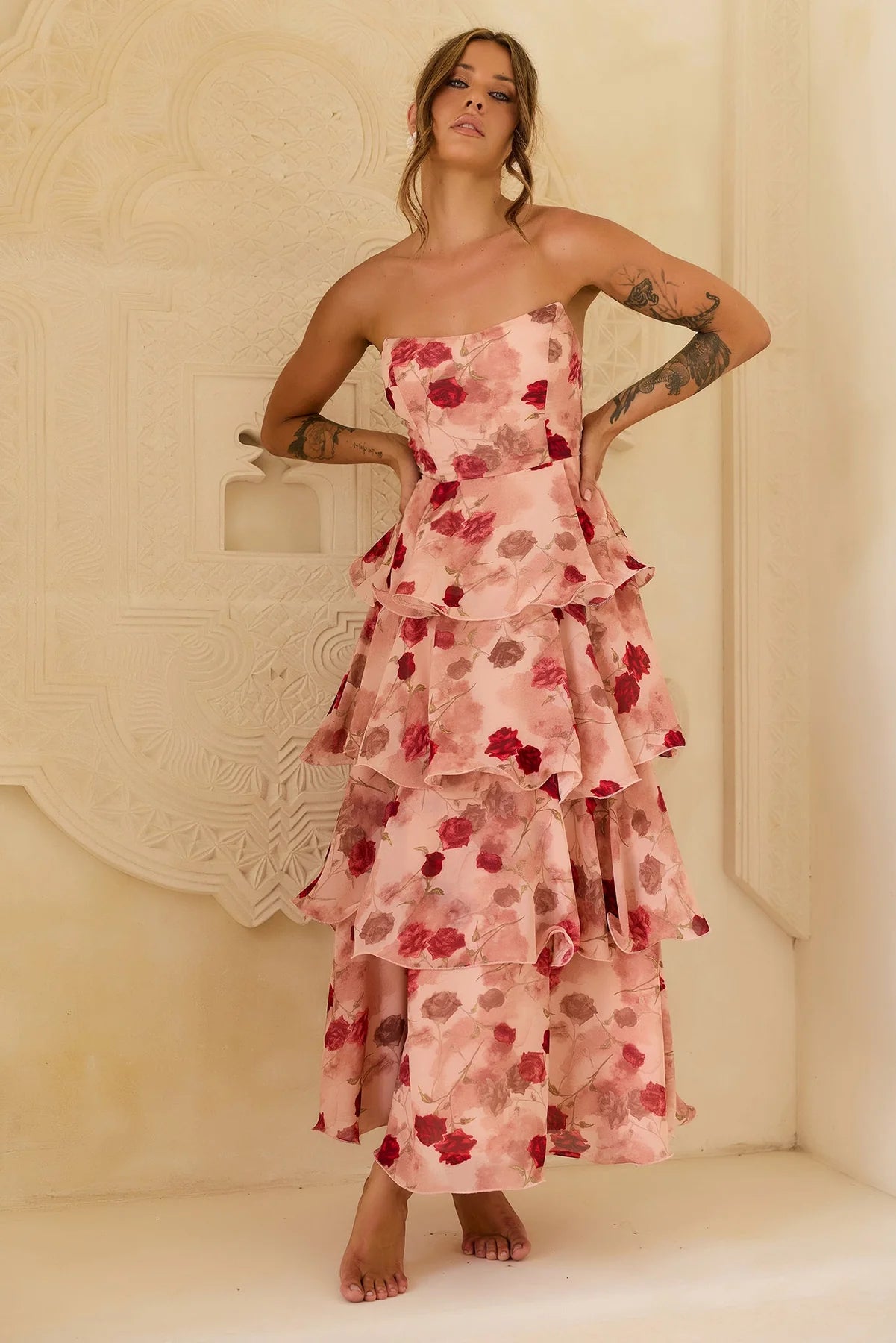 Elegant Strapless Floral Print Ruffle Tiered A Line Maxi Prom Dress For Formal Evening Gala Wedding Guest Bridesmaid