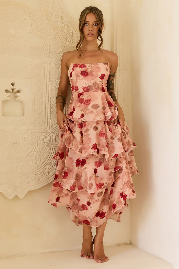 Elegant Strapless Floral Print Ruffle Tiered A Line Maxi Prom Dress For Formal Evening Gala Wedding Guest Bridesmaid