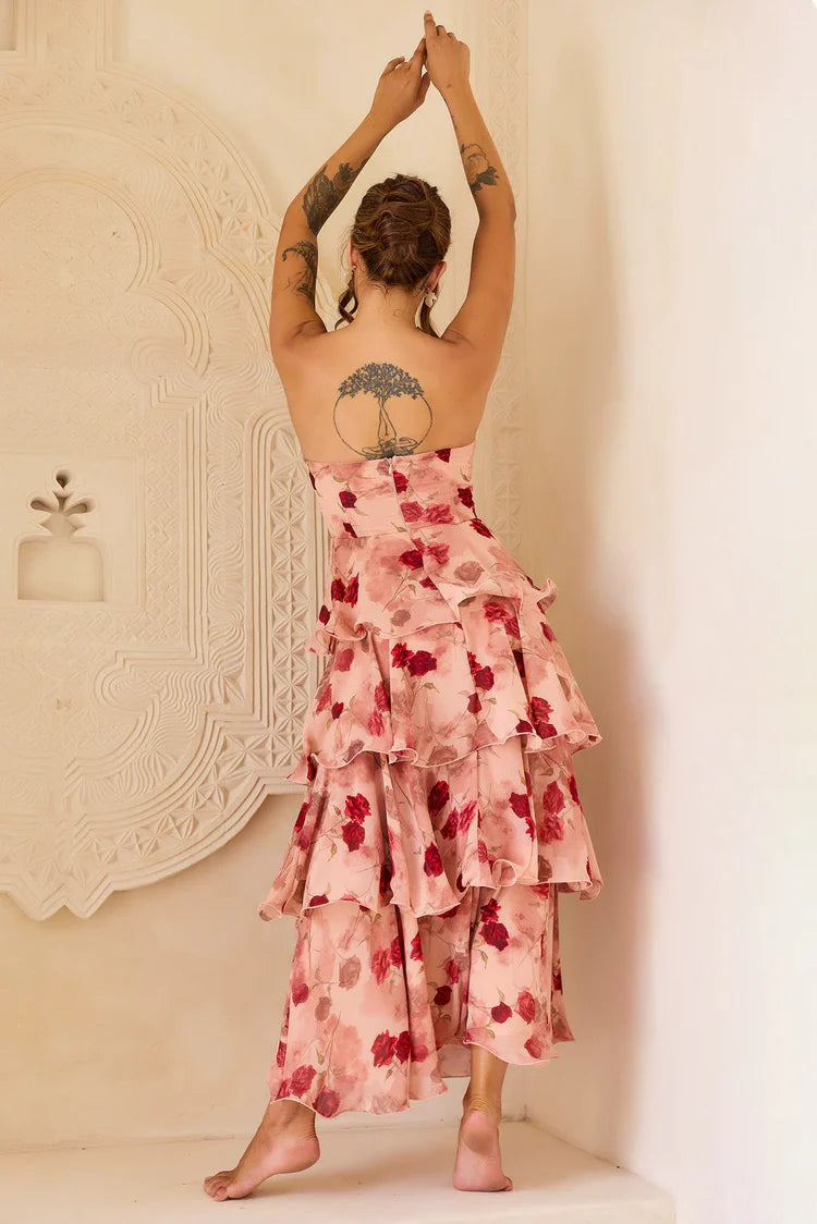 Elegant Strapless Floral Print Ruffle Tiered A Line Maxi Prom Dress For Formal Evening Gala Wedding Guest Bridesmaid