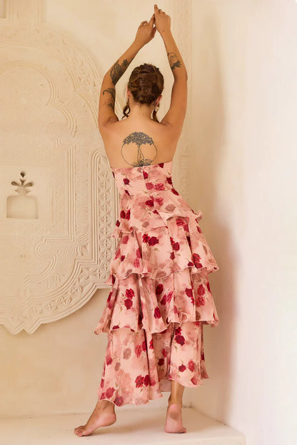 Elegant Strapless Floral Print Ruffle Tiered A Line Maxi Prom Dress For Formal Evening Gala Wedding Guest Bridesmaid