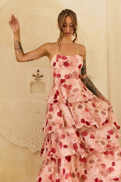 Elegant Strapless Floral Print Ruffle Tiered A Line Maxi Prom Dress For Formal Evening Gala Wedding Guest Bridesmaid