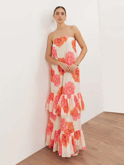 Elegant Strapless Floral Print Tiered Ruffle Maxi Prom Dress For Formal Evening Gala Wedding Guest Bridesmaid