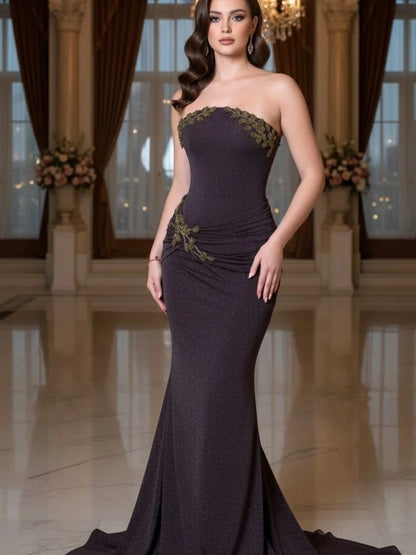 Elegant Strapless Glitter Mermaid Maxi Prom Dress with Embroidery Appliqués and Draped Waist Detail