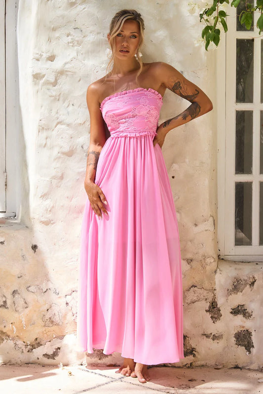 Elegant Strapless Lace Applique Open Back Ruffle Bow A Line Maxi Prom Dress For Formal Evening Gala Wedding Guest Bridesmaid Vacation